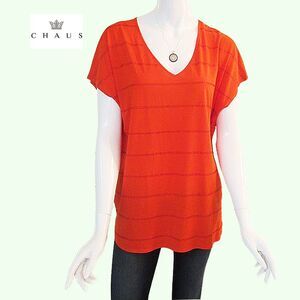 CHAUS NWT Stud Crystal Red Orange Scoop Neck Cotton Modal Top L
